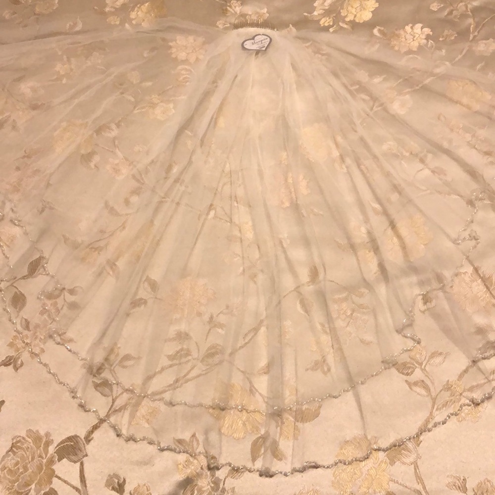 Two tier wedding veil with beaded trim and comb